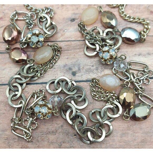 Loft Brushed Gold Tone Chain & Bead Station Necklace Crystals 36" Long - Picture 11 of 12